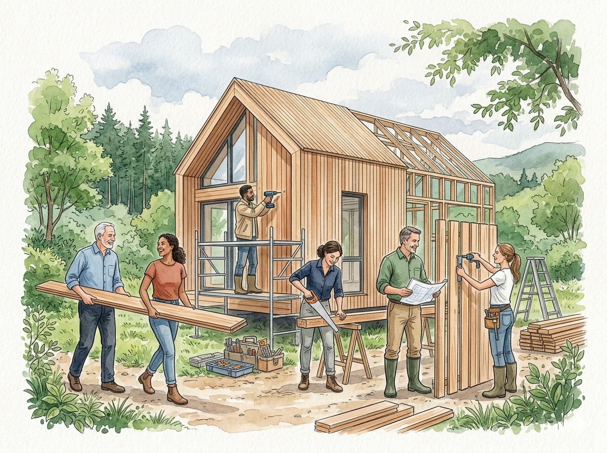Aquarelle de personnes qualifiées construisant ensemble une maison en bois design dans un cadre naturel