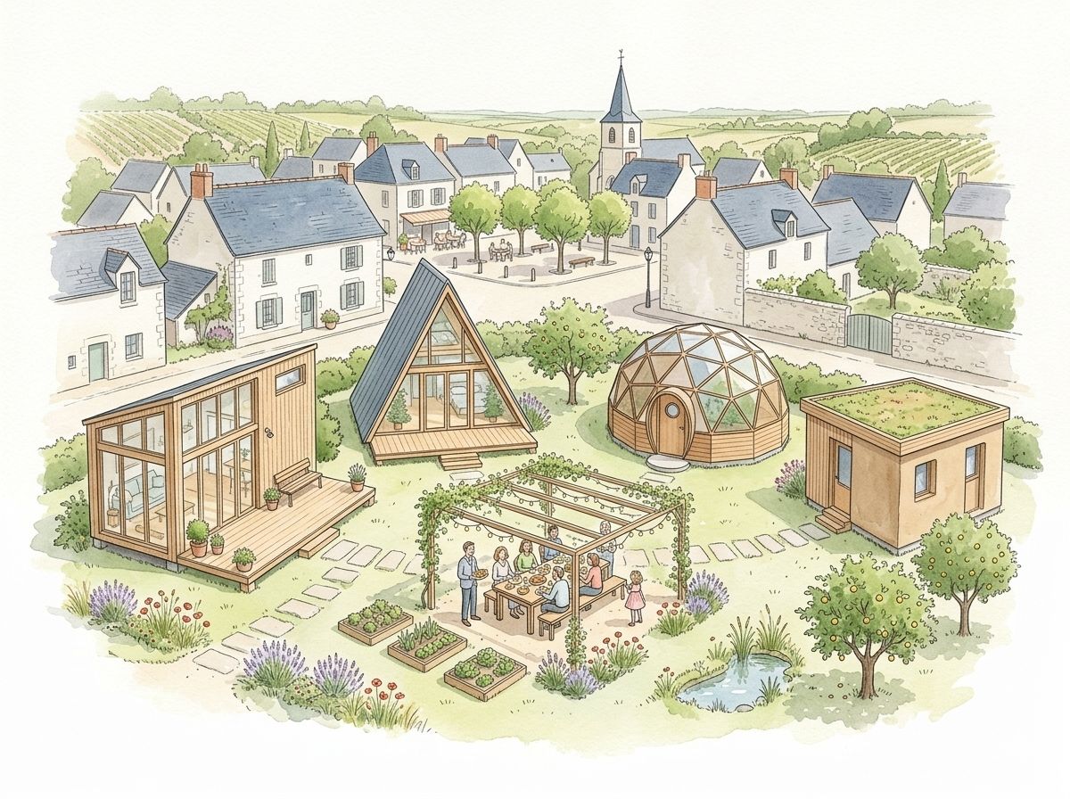 Aquarelle d'un hameau léger avec habitats bien conçus, jardin partagé et espaces communs