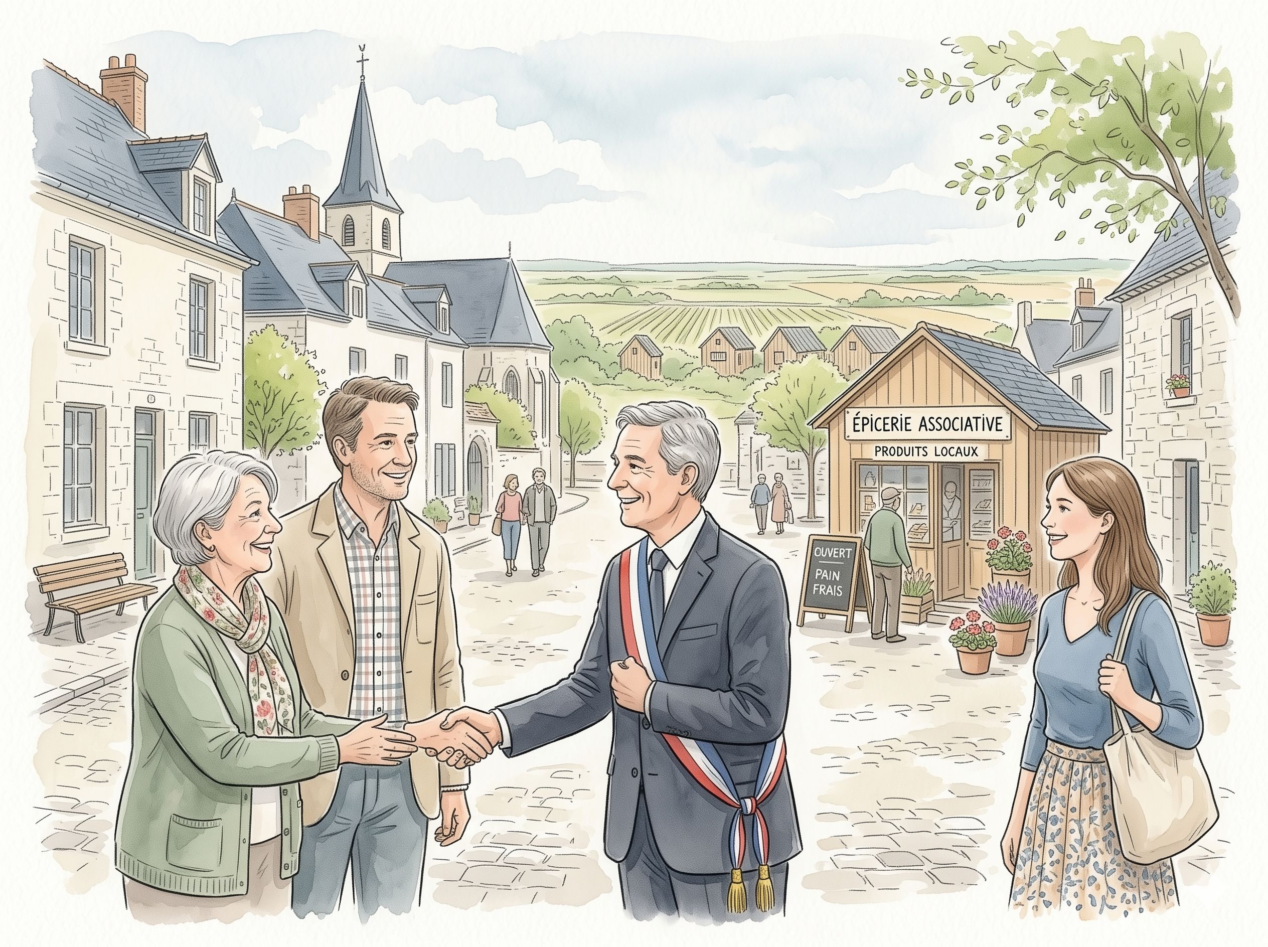 Aquarelle d'un maire et d'habitants devant une mairie avec un village dynamisé en arrière-plan