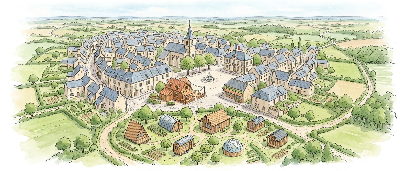 Vue aquarelle d'une commune tourangelle avec un hameau léger intégré harmonieusement, petites maisons en bois bien conçues, vie collective et dynamisme