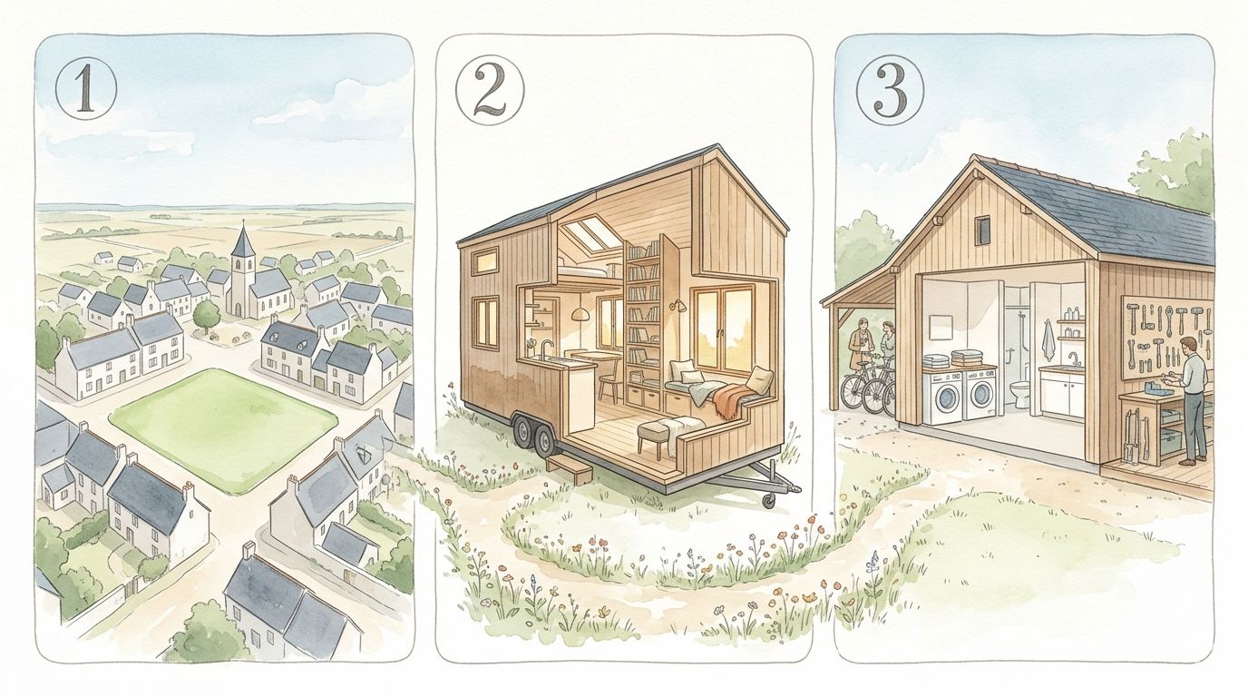 Aquarelle montrant les trois piliers du hameau léger : terrain communal, habitats réversibles de qualité, espaces partagés