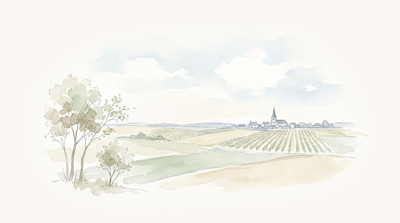 Aquarelle douce d'un paysage de Touraine avec champs et village au loin