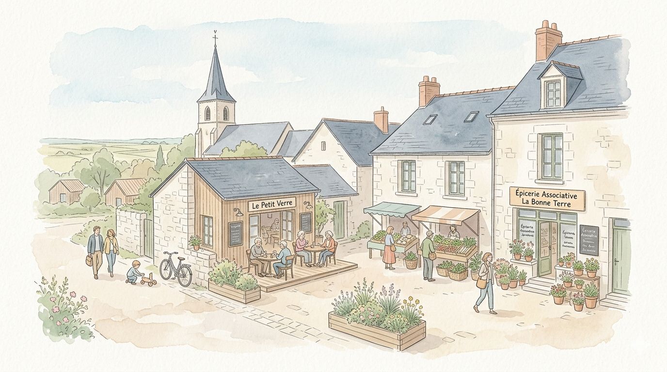 Aquarelle d'une place de village dynamisée avec commerces, terrasses et activités associatives