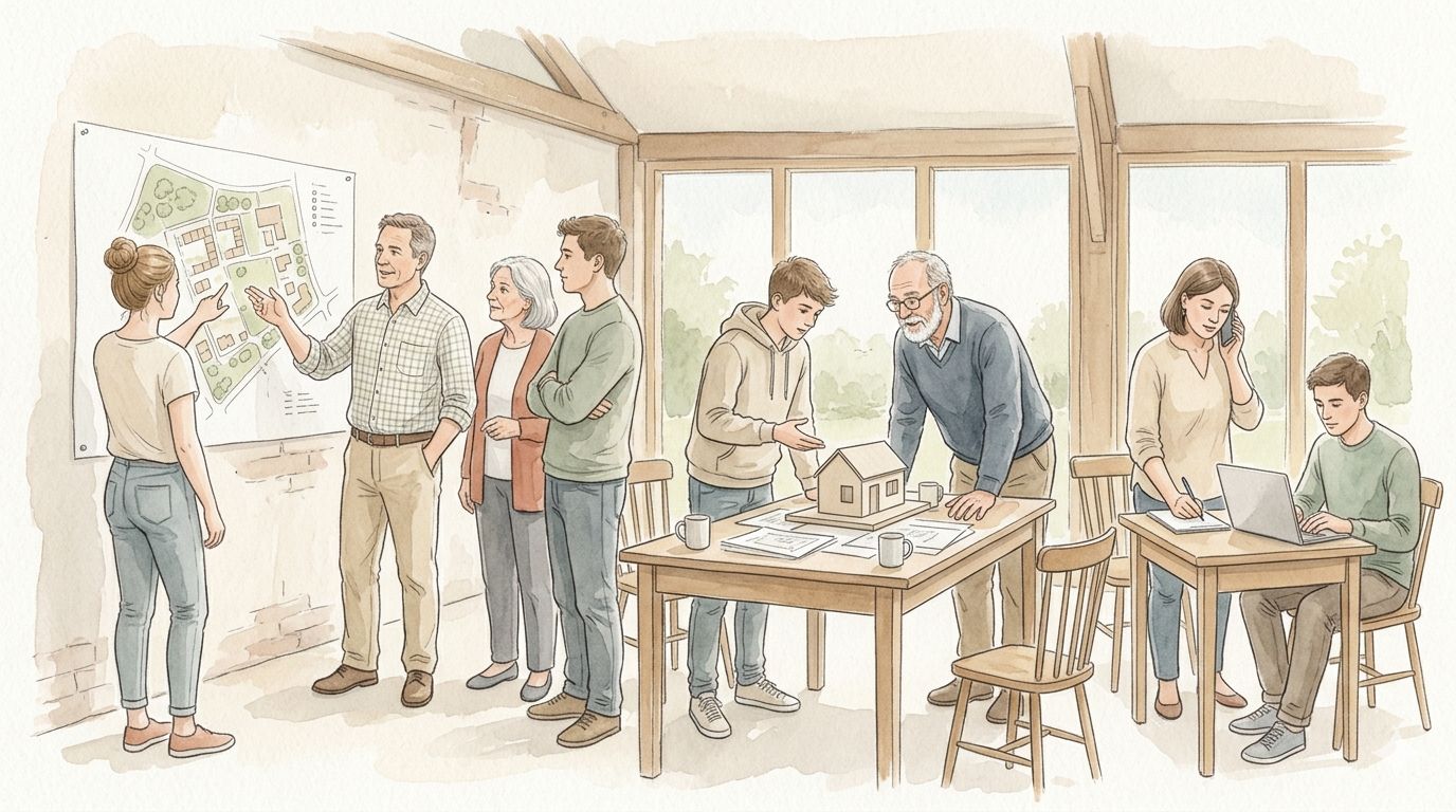 Aquarelle de personnes diverses réunies autour d'une table en plein air, partageant un repas convivial